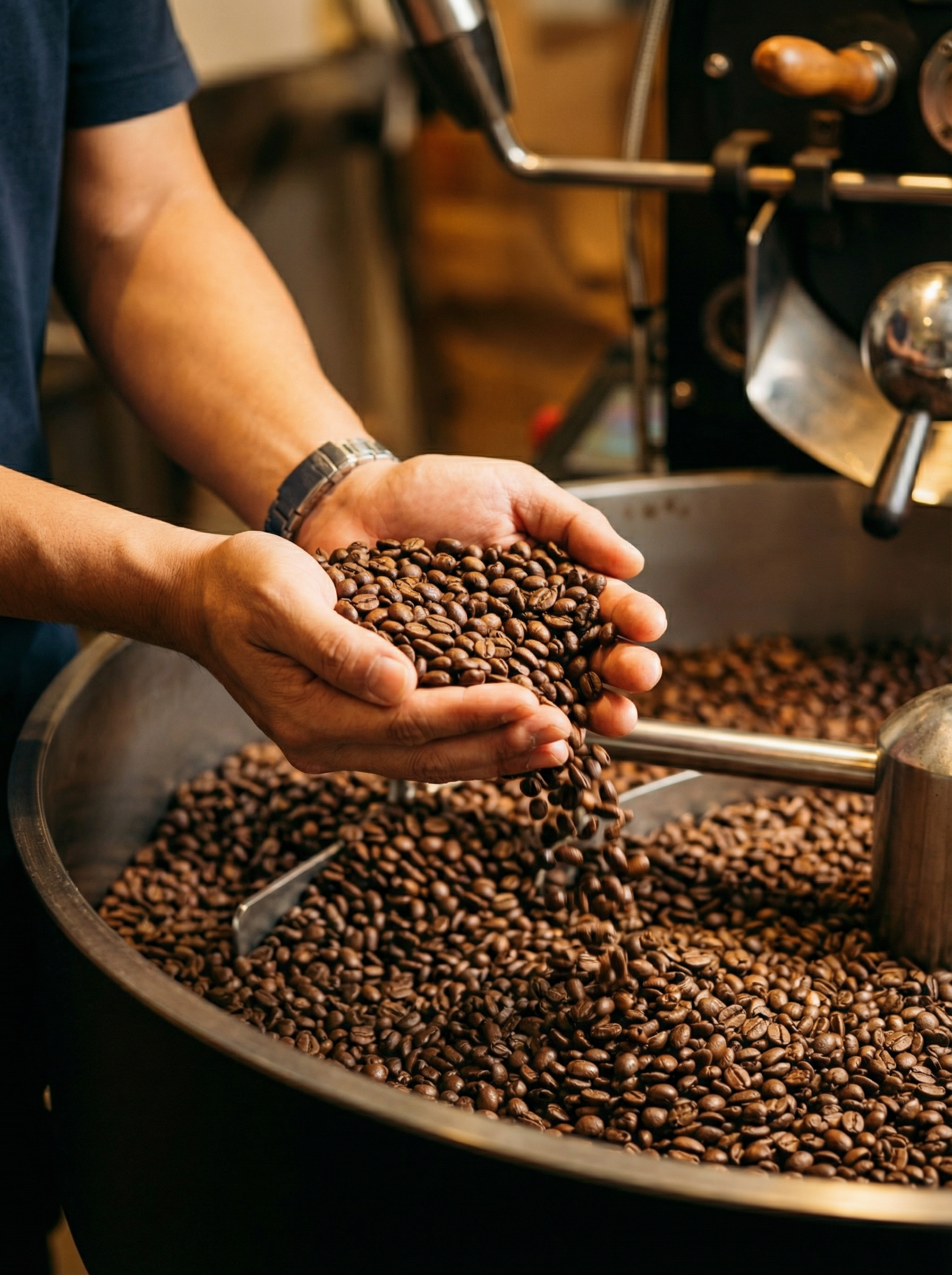 Roaster handling fresh coffee beans